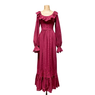 Vintage 1970s Maroon Boho Cotton Lace Peasant Dress, 70s Wine Empire Maxi Festival Gown, Ren Faire Fashion, Small to Medium 36