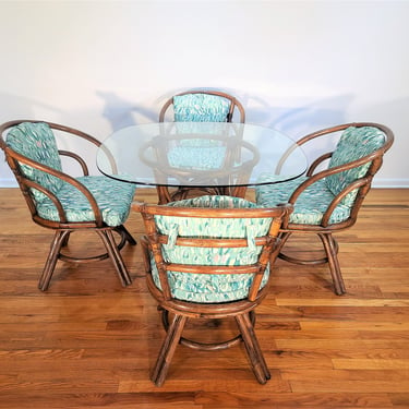 Mid Century Brown Jordan Bentwood Rattan Set with Four Swivel Chairs and Table 