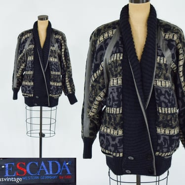 Escada l 1980s Black Wool Sweater Knit Jacket | 80s Black Wool Sweater Coat | Escada | Large 