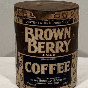 Brown Berry Brand Coffee Tin Paper Label Wm Board man & Sons Hartford Conn, Vintage collectible tins, coffee can, vintage kitchen decor 