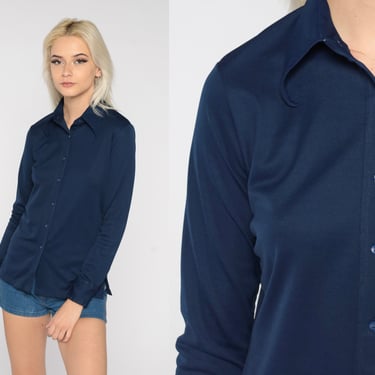 70s Button Up Shirt Navy Blue Dagger Collar Top Long Sleeve Retro Basic Disco Shirt Collared Plain Seventies Blouse Vintage 1970s Small S 
