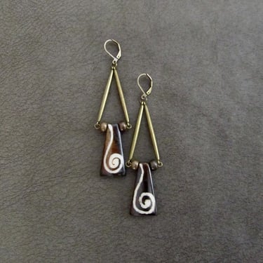 Modern Afrocentric earrings, mid century dangle earrings, African bone horn earrings, antique bronze earrings, simple statement earrings 2 