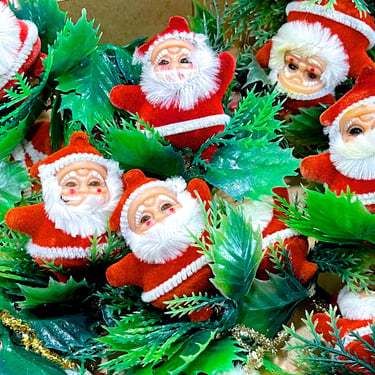 VINTAGE: 4pcs - Old Flocked Santa Ornaments - Molded Plastic Santas - Holiday Crafts Floral Arrangements 