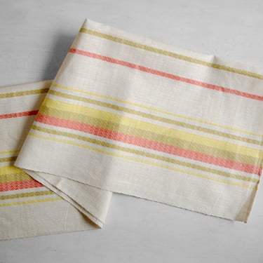 Vintage Linen Table Runner in White, Green, Yellow, and Red Stripes 