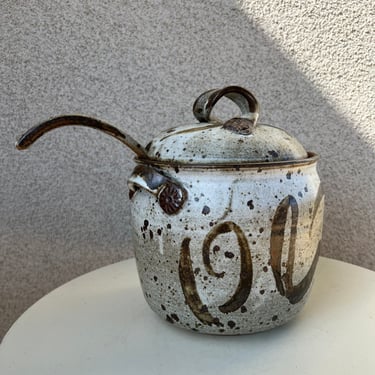 Vintage studio pottery art soup pot with ladle brown grey tones signed size pot 10” x 7” 