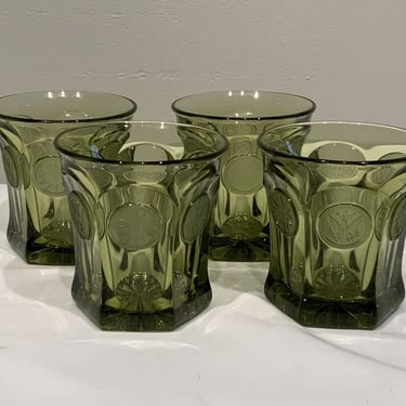 4 Rare Fostoria Green Coin Double Old Fashion glasses, Heavy green Bar Glass, green barware, MCM dinning room decor, green dinner glasses 