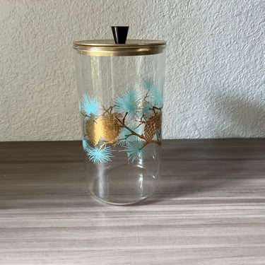 Vintage MCM Libbey David Douglas Aqua Gold Pinecone Glass Coffee Canister With Lid 