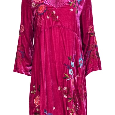 Johnny Was - Fuchsia Crushed Velvet Floral Embroidered "Ulla" Dress Sz S