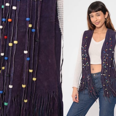 Suede FRINGE Vest Top 90s Boho Purple Beaded Leather Vest Western Hippie Festival Southwestern Rodeo 1990s Bohemian Vintage Small Medium 