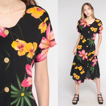 Tropical Floral Dress 90s Black Midi Dress Short Sleeve Button up Day Dress Shirtdress Hippie Summer Casual Vintage 1990s Large xl l 