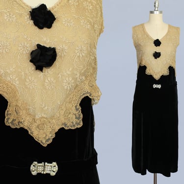 1920s Dress / 20s Illusion Lace Pom Pom Black Roses Dress / Art Deco 