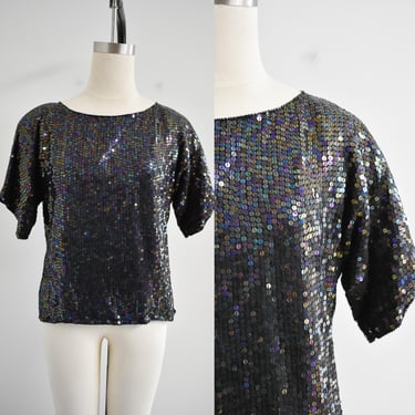 1980s Black Iridescent Sequin Blouse 