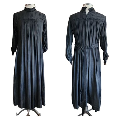Antique 1910s Black Day Dress Long Sleeves Pleated Cotton Edwardian M 