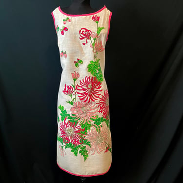 vintage Alfred Shaheen shift dress 1960s pink chrysanthemum floral large 