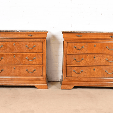 Thomasville French Louis Philippe Burl Wood Marble Top Four-Drawer Dresser Chests, Pair