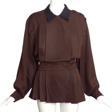 JEAN PAUL GAULTIER- 1990s Brown Silk Pleat Blouse, Size 12