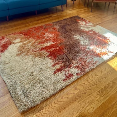 Rya Vintage Medium Sized Wool Shag Carpet Rug Midcentury Modern Sunburst Labeled - Free Shipping 