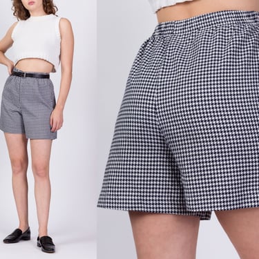 90s Houndstooth High Waisted Shorts - Small to Medium | Vintage Black & White Elastic Waist Casual Shorts 