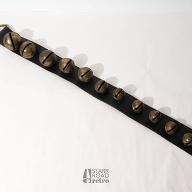 Antique Cast Sleigh Bell Strap, Graduated Bells, 12 Count, Petal w/ Cast Square Hole Shank, Early Mid 1800s 
