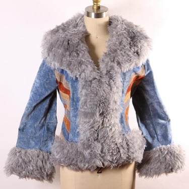 1970s Blue, Brown and Tan Velveteen Striped Faux Fur Trim Waist Length Penny Lane Coat 