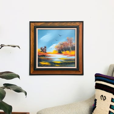Vintage Mid Century Landscape Oil Painting with Seagulls 