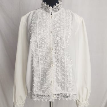 Vintage 80s White Blouse // High Collar Lace Accent Pearl Buttons 