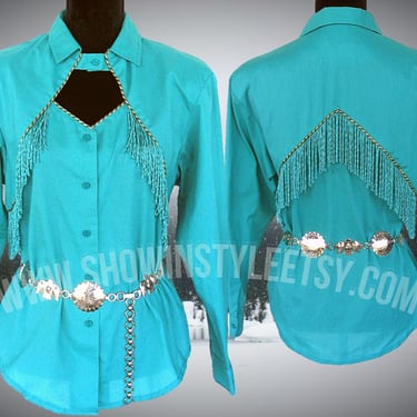 Western Collection Vintage Retro Women&amp;#39;s Cowgirl Shirt, Rodeo Blouse, Turquoise with Fringe, Tag Size 10, approx. Small (see meas. photo) 
