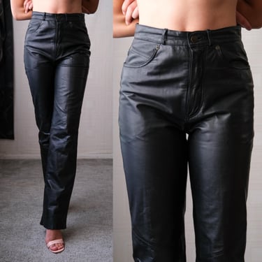 Vintage 80s WILSONS SUEDE & LEATHER Black Leather Mid Rise Pants | 100% Genuine Leather | 1980s Designer Biker Classic Leather Pants Raw Hem 