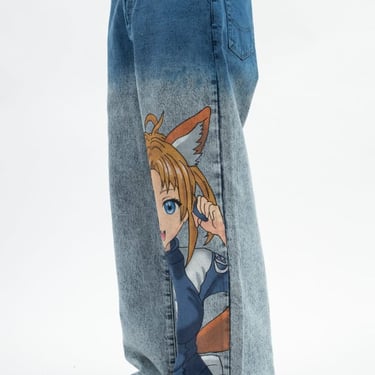 Doublet Anime Print Denim Jeans - Blue Pink