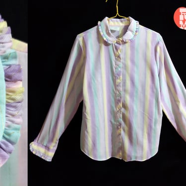 Sweet Vintage 70s 80s Pastel Purple Blue Metallic Stripe Long Sleeve Button Down Blouse with Ruffly Peter Pan Collar 