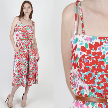 Malia Maxi Pockets Dress / Summer Sun Resort Wear Dress / Long Hawaiian Tiki Dress / Vintage 80s Designer Red Cotton Wrap Dress 