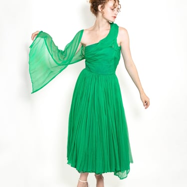 1950's Vintage Kelly Green Silk Chiffon Cocktail Dress 