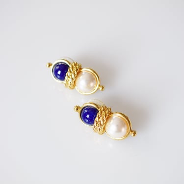 90s Pearl and Lapis Fashion Earrings by Napier 