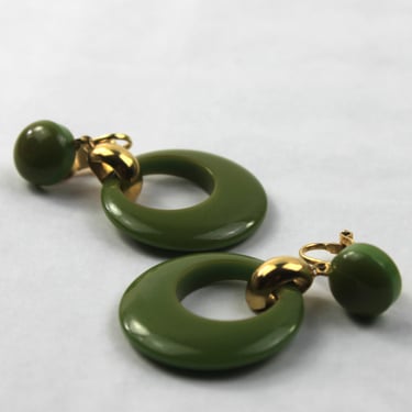 Bakelite Earrings Green Hoop Door Knocker Clipon 