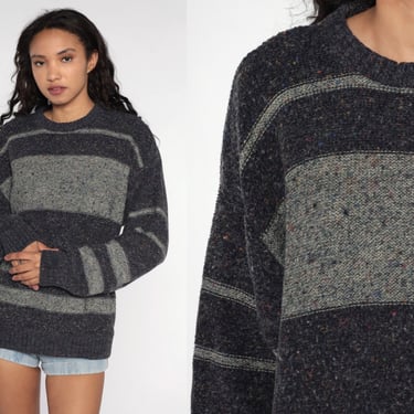 Flecked Wool Blend Sweater Grey Striped Sweater 80s Sweater Knit Stripes Pullover Jumper Grunge 1980s Vintage Large 