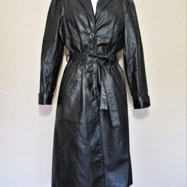 Vintage 1970s Sears Black Leather Trench Coat, Medium Women, Long Sleeve Coat, Womens Outerwear 