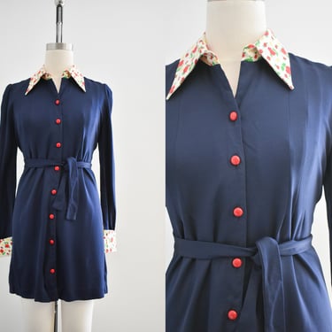 1970s Young Edwardian Navy Mini Dress with Floral Collar and Cuffs 