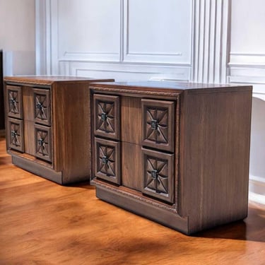 Pair of Mid-Century Brutalist-Style Nightstands – Bedroom End Table, Walnut Finish, Two Drawer, MCM 