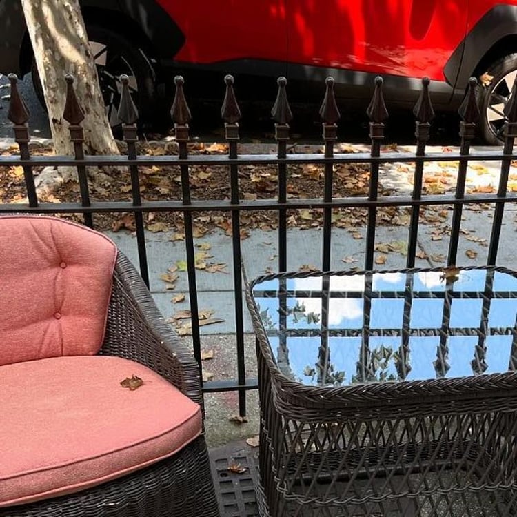 Brown wicker chairs, very comfortable! 24.5” x 24” x 31” seat height 20” 
Wicker glass top table. 29” x 23” x 26” 