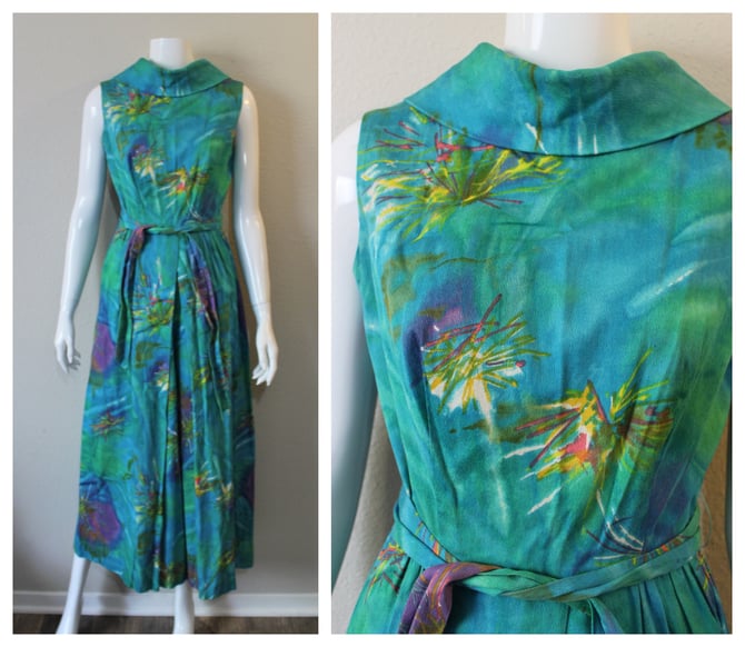 Vintage 60's Alice of California Aqua Vibrant Jumpsuit Wide Leg Abstract Psychedelic One Piece barkcloth // Modern US 2 4 6 
