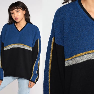 Black Striped Sweater 90s Sweater Color Block Wool Acrylic Knit Blue V Neck Slouchy Pullover Jumper 80s Vintage Retro Men's Large L 