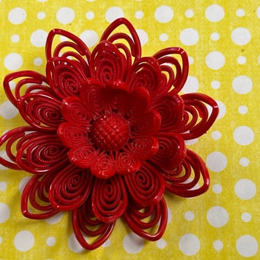 vintage carved celluloid brooch 1940s lacy red flower pin 