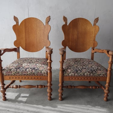 Pair of Antique French Carved Oak Lounge Chairs 