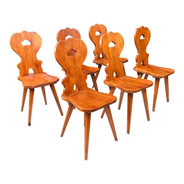 Set of 6 Swiss Handmade Farm House Carved Dining Chairs, Switzerland-- 6 Pieces 