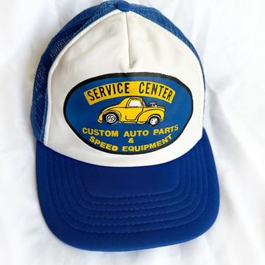 1970's Vintage Blue Trucker Hat SPEED & AUTO Parts Custom Service Center Snap back, Car, Cap, Size M/L, Hot Rod Racing, Mesh Back Foam 