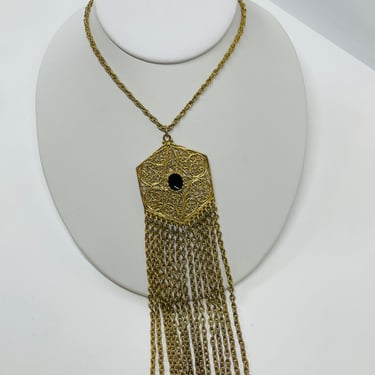 Gold Medallion Fringe Necklace with Black Enamel Centerpiece