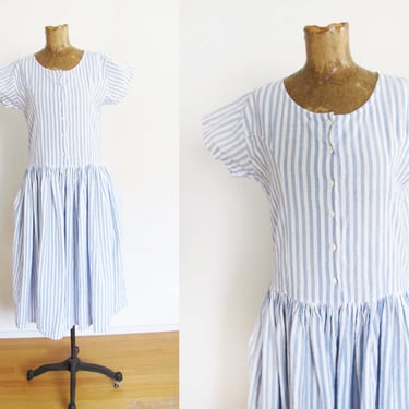 Vintage 80s Light Blue Stripe Cotton Sundress S M - 1980s Button Chest Romantic Seersucker Cottagecore Midi Dress 