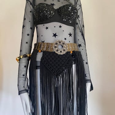 90s Y2k Fringed skirt, vintage crocheted skirt, music festival fashion skirt, Coachella fringe dress, black knit crochet  wrap size s m l xl 