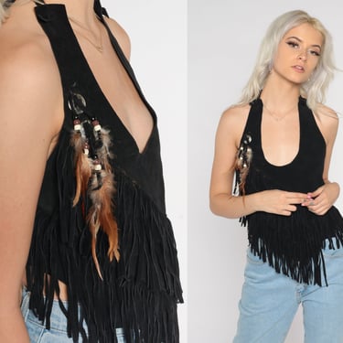 Suede Fringe Top 90s Boho Black Leather Beaded Blouse Concho Feather Hippie Halter Tank Top Open Back Bohemian Festival Vintage 1990s Large 