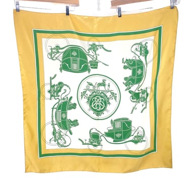 vintage HERMES Ex Libris silk scarf / silk twill green ecru carriage print scarf carre 35 X 34 